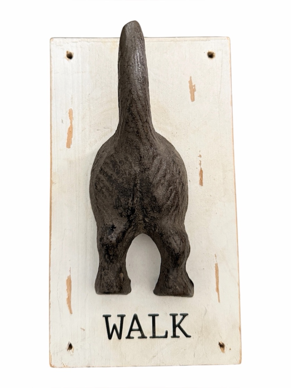Mud Pie Dog Tail Wall Hook "WALK" Rustic White/Brown Wood Metal Plaque 7.5x4.5